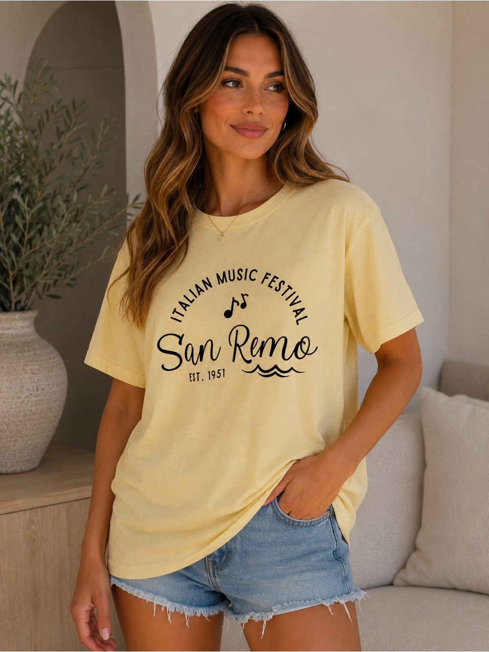 San Remo Italian Music Festival Yellow Graphic Tee new